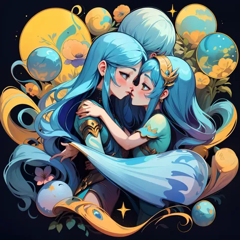 adesivo, fundo simples, portrait, 2 girls, couple, kissing, girl with long hair, beautiful gemini girl, gemini aesthetic, beautiful girl, very beautiful fantasy art, beautiful and elegant female gemini, beautiful detailed fantasy, yellow and blue color pal...