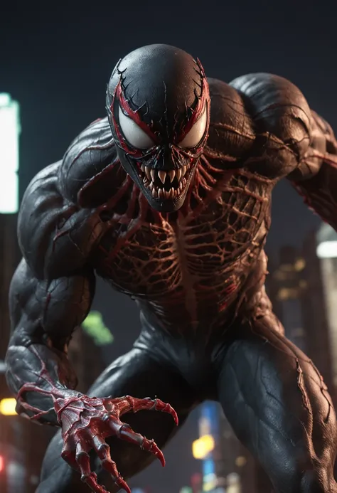 Carnage Venom Symbiote In Agony, Dynamic Action Pose, Clear And Detailed Eyes, Intricate Details, Hyper-Realistic, Background Of City Streets, Neon Ambience, Diffused Light, Ambient Occlusion, Cinema, Film Look, In The Style Todd Mcfarlane And Ross Draws