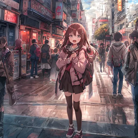 absurderes, hight resolution, (Anime style:1.1), ((masutepiece)), ((Best Quality)), (Ultra-detailed), (Beautiful), 独奏, Beautiful face、(liftup),Cute little girl standing on the street of urban red light district,Wind,thin brown hair, eyes are brown,Casual c...