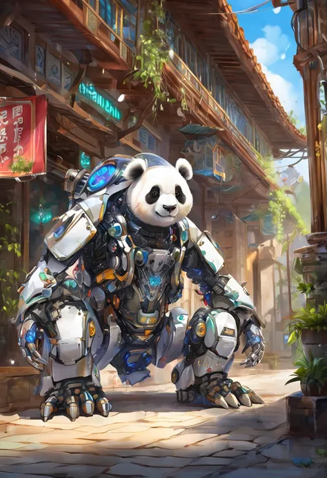 personification，Transparent mechanical panda，Cyberpunk, dreamy glow, luminous neon lights, ( Global illumination, Ray traching, hdr, unreal render,reasonable design, high detal, Masterpiece, Best quality, hyper HD, Cinematic lighting), Mecha musume