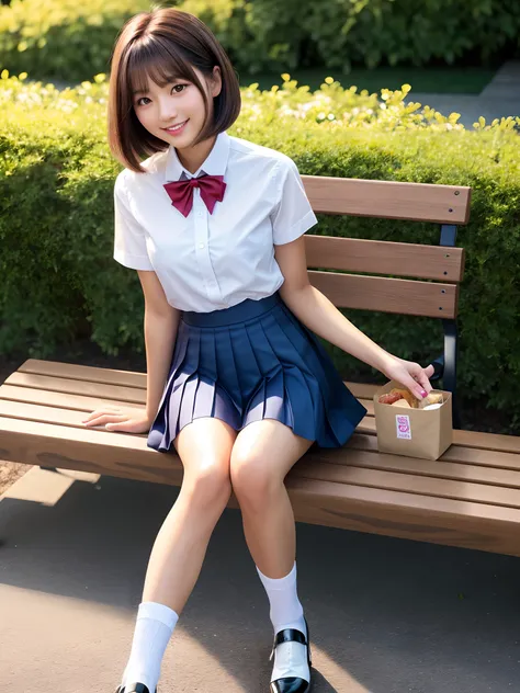 product quality, 1girl, full body shot, front view, a Japanese young pretty woman, bob hair, sitting on a bench in a garden of a high school with a big smile, glamorous figure, wearing a short sleeves white collared silky shirt with shiny red satin plain b...