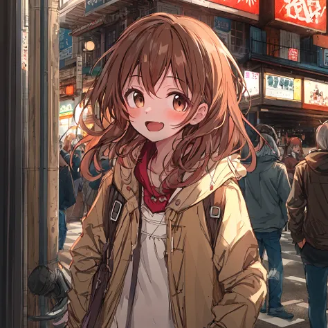 absurderes, hight resolution, (Anime style:1.1), ((masutepiece)), ((Best Quality)), (Ultra-detailed), (Beautiful), 独奏, Beautiful face、(liftup),Cute little girl standing on the street of urban red light district,Wind,thin brown hair, eyes are brown,Casual c...