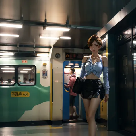 Big breasts, beauty, full body, miniskirt, subway station, short hair, sexy