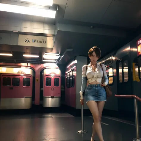 Big breasts, beauty, full body, miniskirt, subway station, short hair, sexy