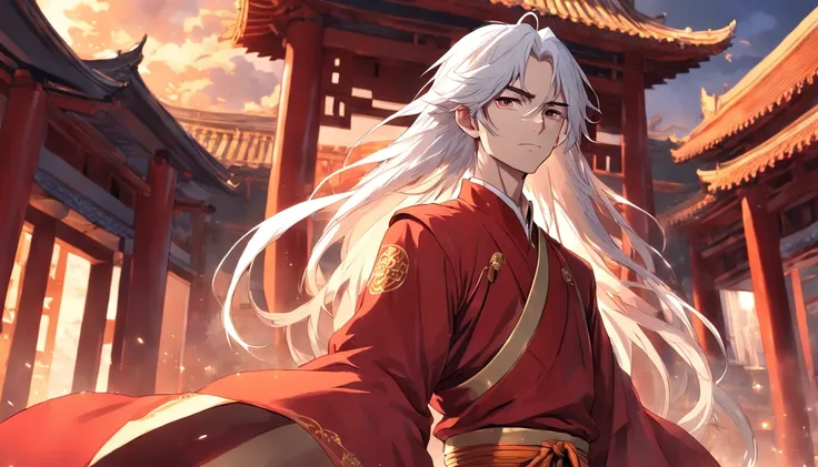 an anime drawing of a long white haired young man in a red and gold outfit, picture of a male cleric, masterpiece, best quality, movie still, 1man, oriental chinese man, standing in front of chinese castle, close-up, bright, happy, warm soft lighting, suns...