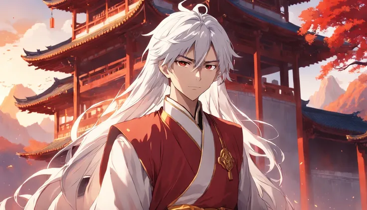 an anime drawing of a long white haired young man in a red and gold outfit, picture of a male cleric, masterpiece, best quality, movie still, 1man, oriental chinese man, standing in front of chinese castle, close-up, bright, happy, warm soft lighting, suns...