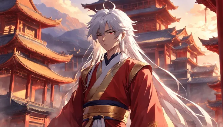 an anime drawing of a long white haired young man in a red and gold outfit, picture of a male cleric, masterpiece, best quality, movie still, 1man, oriental chinese man, standing in front of chinese castle, close-up, bright, happy, warm soft lighting, suns...