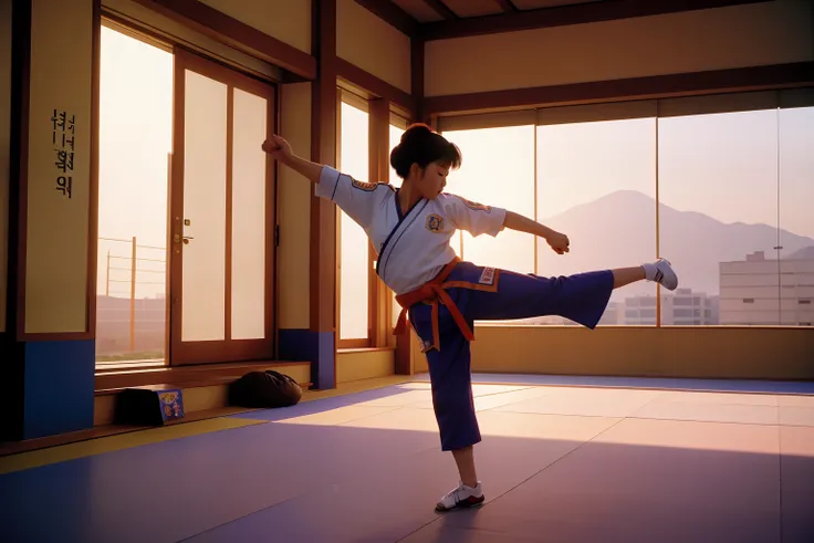 Date: 1991
Country: South Korea
Description: A tween practices taekwondo kicks in a sunlit courtyard in South Korea, each precise movement a testament to discipline and skill.