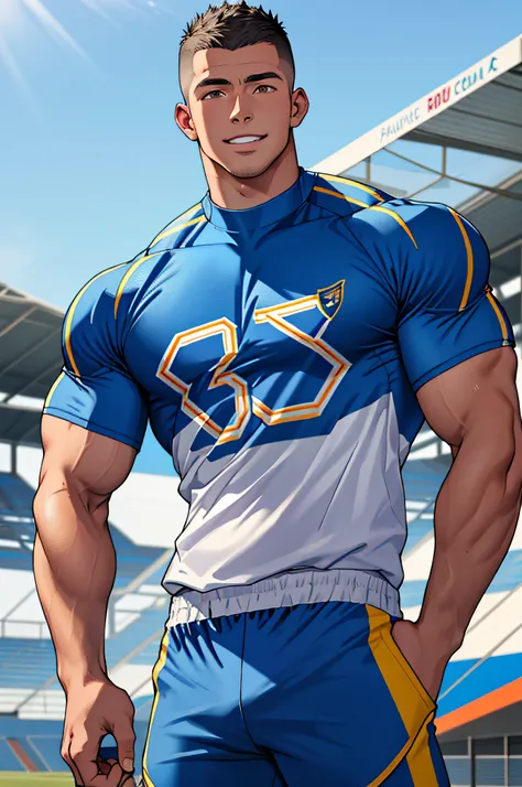 Draw a full-fledged athlete，Stand on the central field of the gym，He wears high-end sportswear，The man looks confident and determined，rays of sunshine，cheerful big breasts，Handsome，Crew cut，full bodyesbian，shooting from below，