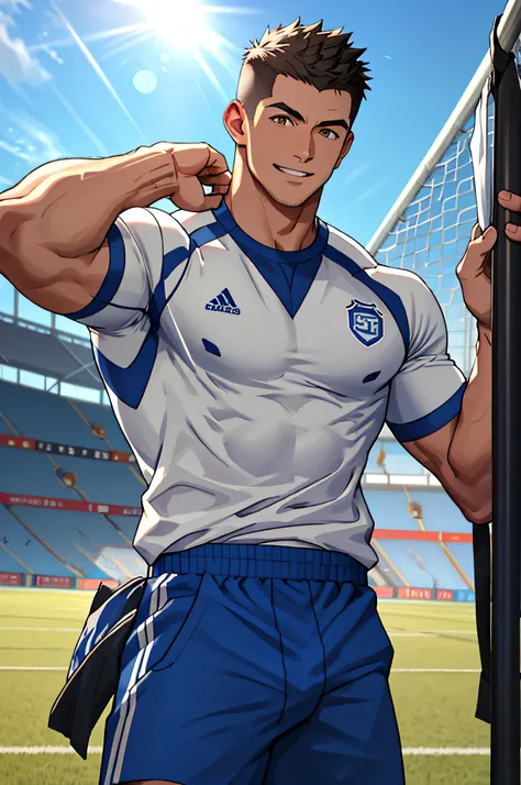 Draw a full-fledged athlete，Stand on the central field of the gym，He wears high-end sportswear，The man looks confident and determined，rays of sunshine，cheerful big breasts，Handsome，Crew cut，full bodyesbian，shooting from below，