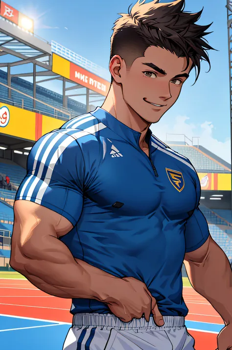 Draw a full-fledged athlete，Stand on the central field of the gym，He wears high-end sportswear，The man looks confident and determined，rays of sunshine，cheerful big breasts，Handsome，Crew cut，full bodyesbian，shooting from below，