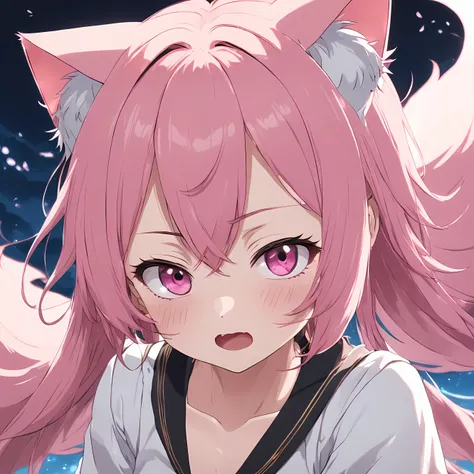 Pink hair, Asymmetrical bangs, Heart-shaped pupils, mismatched pupils, Cat ears, Anime style, 8K，Plain white shirt，flatchest，Tsundere looked up，Showing small tiger teeth