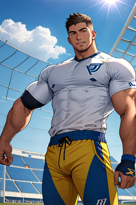 Draw a full-fledged athlete，Stand on the central field of the gym，He wears high-end sportswear，The man looks confident and determined，rays of sunshine，cheerful big breasts，Handsome，Crew cut，full bodyesbian，shooting from below，