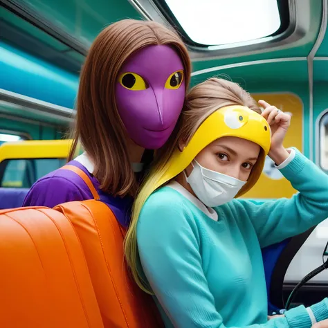 Two women in masks on a bus with a passenger, movie still of the alien girl, inspirado em Chris LaBrooy, the robot wearing her human mask, Fotografia Alexey Gurylev, bird mask, ainda de um filme live action, people are wearing masks, Jogo de Lula, Fotograf...