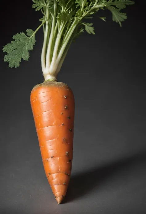 One carrot with leaves, white background, no people