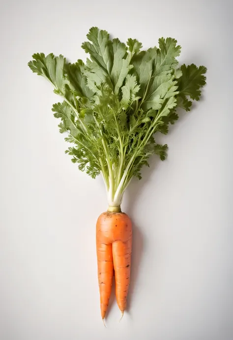 One carrot with leaves, white background, no people