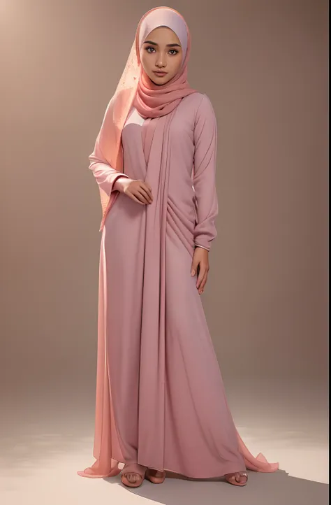 a photo portrait of a beautiful malay girl with hijab and few freckles, (plain pastel pink hijab), (full body shot:1.5), dramati...