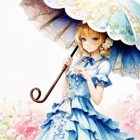 Girl in blue dress holding parasol, gently smiling,  Beautiful anime girl, loli in dress, pretty anime girl, beautiful anime woman, Cute anime girl, Anime princess, Beautiful anime, (Anime Girl), beautiful anime style, Lori, Cute anime waifu in a nice dres...