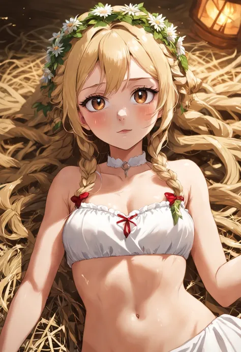 blonde bavarian farm girl, bride lightly dressed, lies in the straw, bavarian wedding dress,sweaty skin, toned, full-length photo, floral wreath headdress, red lipstick, 70mm lens, complex braided hair, hourglass figure, aesthetic, symmetrical, posing, (sm...