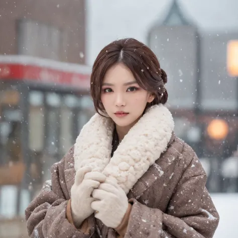 The background is Minato Mirai 21、the Ferris wheel、Time is night、Depicting a heavy snowfall scene in the middle of winter、The figure is at an angle of 45 degrees、Inverness coat、Women in long coats。She has pale black eyes and a pale brown chignon hairstyle....