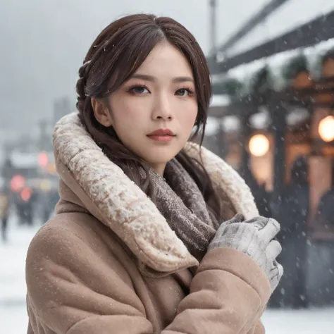 The background is Minato Mirai 21、the Ferris wheel、Time is night、Depicting a heavy snowfall scene in the middle of winter、The figure is at an angle of 45 degrees、Inverness coat、Women in long coats。She has pale black eyes and a pale brown chignon hairstyle....