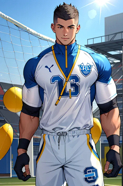 Draw a full-fledged athlete，Stand on the central field of the gym，He wears high-end sportswear，The man looks confident and determined，rays of sunshine，cheerful big breasts，Handsome，Crew cut，full bodyesbian，shooting from below，