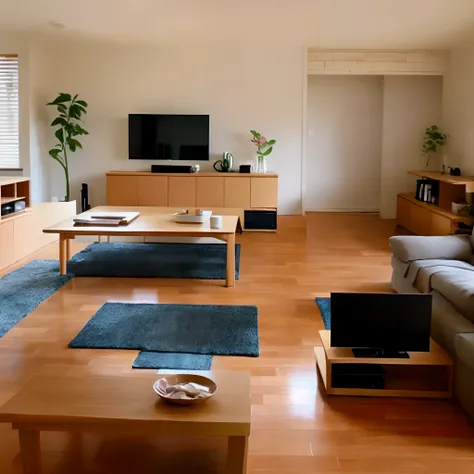 There is a living room with a sofa., The table, and TV, in a japanese apartment, throughout the room, modern japanese living room, Japanese houses, Minimalist and clean, Warm living room, minimalist design, Minimal Modern, livingroom, Living room atmospher...