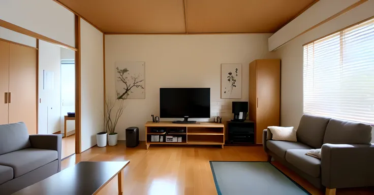 There is a living room with a sofa., The table, and TV, in a japanese apartment, throughout the room, modern japanese living room, Japanese houses, Minimalist and clean, Warm living room, minimalist design, Minimal Modern, livingroom, Living room atmospher...