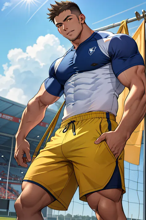 Draw a full-fledged athlete，Stand on the central field of the gym，He wears high-end sportswear，The man looks confident and determined，rays of sunshine，cheerful big breasts，Handsome，Crew cut，full bodyesbian，shooting from below，