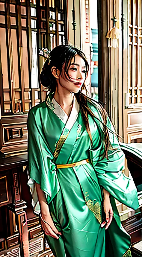 Arad woman in a green dress, Hanfu, Flowing robes, Chinese Ancient Costume, Simple robes, Long and beautiful kimono, TRADITIONAL CHINESE COSTUMES, floating robes, flowing hair and long robes, Magic robes, White Hanfu, Green robe