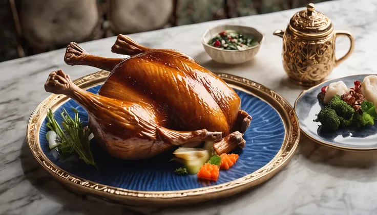 The plate contains Peking duck，The roast duck is topped with caviar，Photorealistic photography