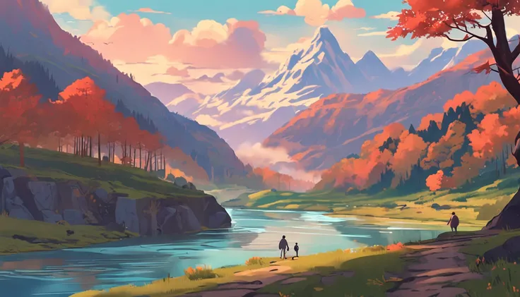 ghibli style, beautiful sky with mountains and river 4k wallpaper.Clear and sunny atmosphere."