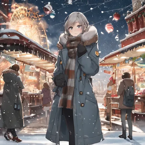 The background is Minato Mirai 21、the Ferris wheel、Time is night、Depicting a heavy snowfall scene in the middle of winter、The figure is at an angle of 45 degrees、Inverness coat、Women in long coats。She has pale black eyes and a pale brown chignon hairstyle....