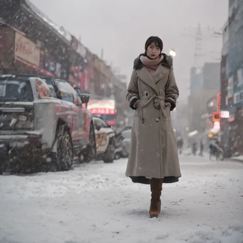 The background is Minato Mirai 21、the Ferris wheel、Time is night、Depicting a heavy snowfall scene in the middle of winter、The figure is at an angle of 45 degrees、Inverness coat、Women in long coats。She has pale black eyes and a pale brown chignon hairstyle....