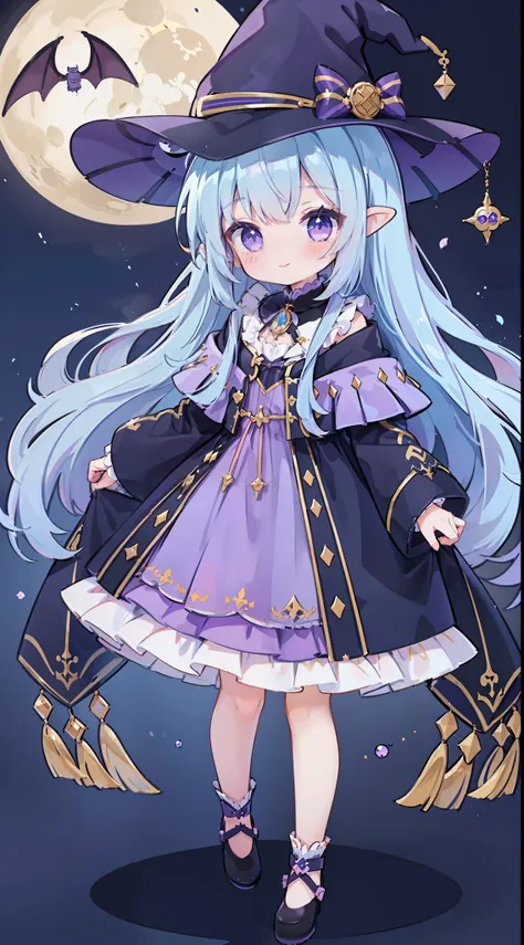 1 girl in、((full bodyesbian、standing picture))、light blue long hair、purple eyes、witch's hat、harry potter dresses、a smile、knee-le...