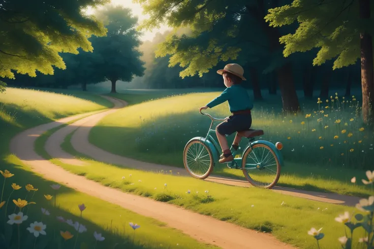 Date: 1970
Country: Sweden
Description: A child rides a classic Swedish bicycle through a luminous meadow, the spokes of the wheels casting intricate shadows on the path.