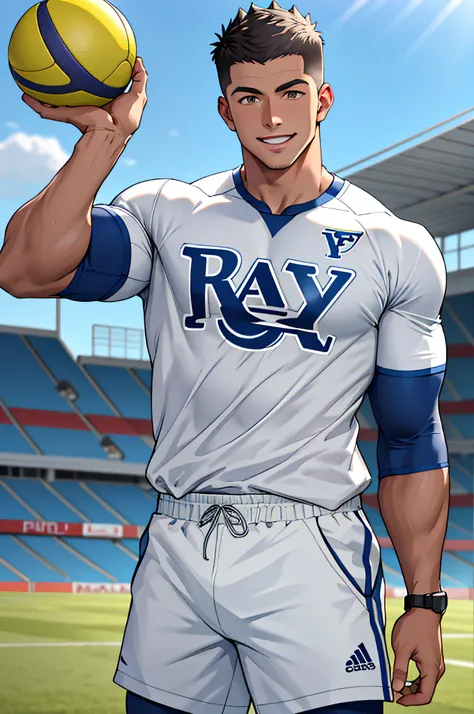 Draw a full-fledged athlete，Stand on the central field of the gym，He wears high-end sportswear，The man looks confident and determined，rays of sunshine，cheerful big breasts，Handsome，Crew cut，full bodyesbian，shooting from below，