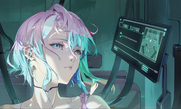 Anime girl with blue hair and green eyes sitting in chair,Semi-nudity，small lingerie， Digital cyberpunk anime art, digitl cyberpunk - anime art, anime cyberpunk art, cyberpunk anime art, Guviz-style artwork, anime styled digital art, digital cyberpunk anim...