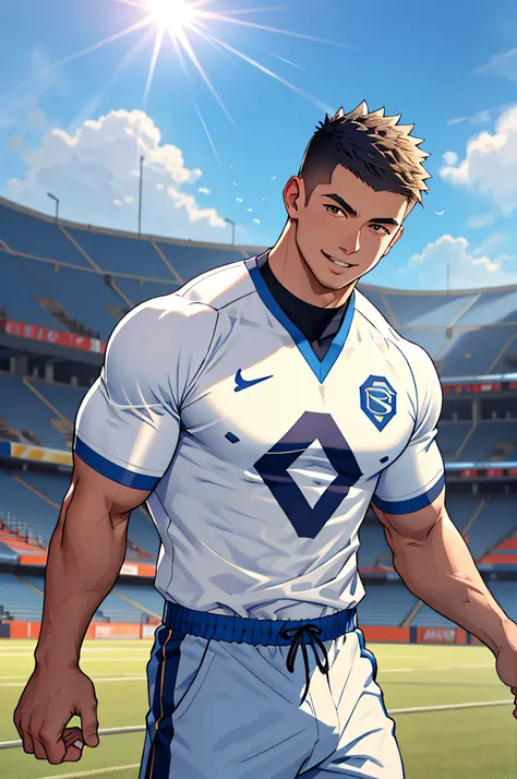 Draw a full-fledged athlete，Stand on the central field of the gym，He wears high-end sportswear，The man looks confident and determined，rays of sunshine，cheerful big breasts，Handsome，Crew cut，full bodyesbian，shooting from below，