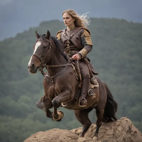 A fighter，standing on top of a mountain，Riding a high horse