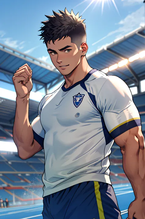 Draw a full-fledged athlete，Stand on the central field of the gym，He wears high-end sportswear，The man looks confident and determined，rays of sunshine，cheerful big breasts，Handsome，Crew cut，full bodyesbian，shooting from below，