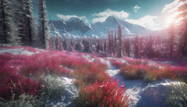 masterpiece, best quality, high quality, extremely detailed CG unity 8k wallpaper, The vast and quiet taiga stretches to the horizon, with dense green trees grouped in deep harmony, as the fresh breeze whispers through their leaves and crystal snow lies on...