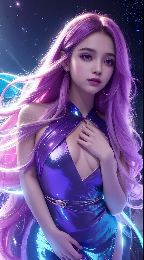 Background: Mysterious quantum environment, Cosmic elements and ethereal atmosphere，A mix of bright lights and colorful nebulae. Theme: A mysterious girl with a magical aura. She has long, Colorful wavy curls, The shiny hair stands out. His eyes are deep a...