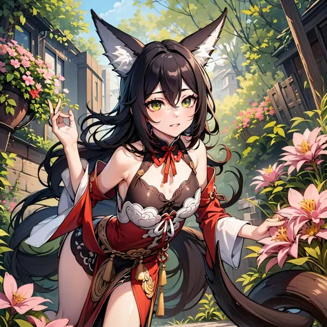 tingyundef, woman with fox ears and tail, her body is more voluptuous, her breasts are big, she wears a low-cut red dress, with ...