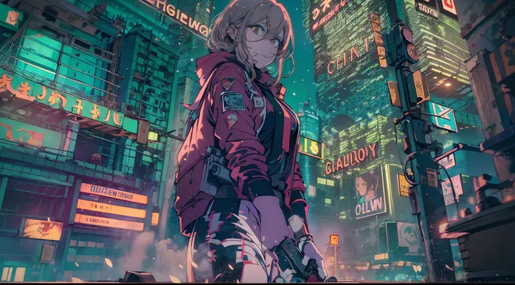 Noite, Fundo colorido da cidade cyberpunk, menina de rua,power,chainsaw man, olhos brilhantes, retroiluminado, brilhar, Surveying the audience, Low angle lens, olhando para cima lente, perfect composition, delicadeza perfeita de luz e sombra, 8k