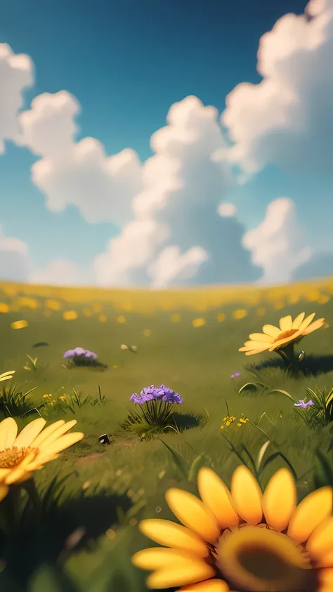 Summer, grass, a few small flowers, large clouds, blue sky, hot weather, HD detail, wet watermark, hyperdetail, cinematic, surrealism, soft light, deep field focus bokeh, ray tracing, and surrealism. --v6