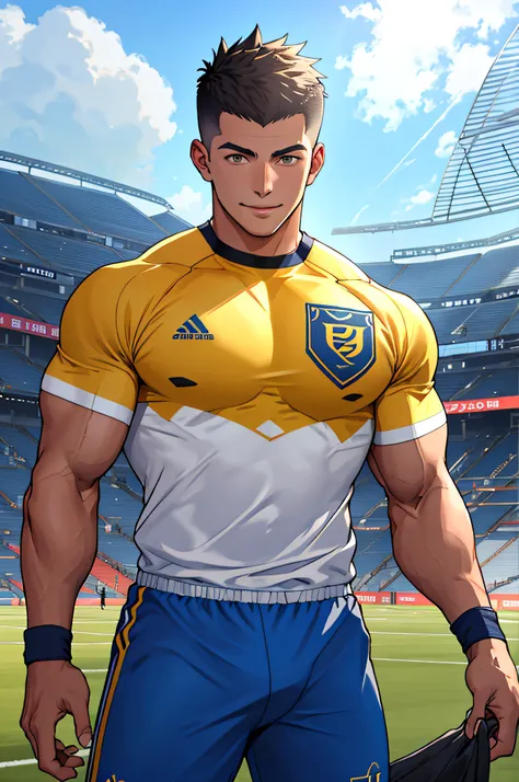 Draw a full-fledged athlete，Stand on the central field of the gym，He wears high-end sportswear，The man looks confident and determined，rays of sunshine，cheerful big breasts，Handsome，Crew cut，full bodyesbian，shooting from below，