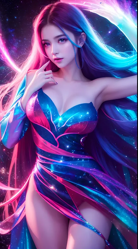 4K ultra hd, masterpiece, a girl with a magical aura, good face, long hair, shining hair, detailed eyes, glossy lips, wearing a dress in color red, aura around the body, magical effects, spreading blue and red lights, Cosmic elements and ethereal atmospher...