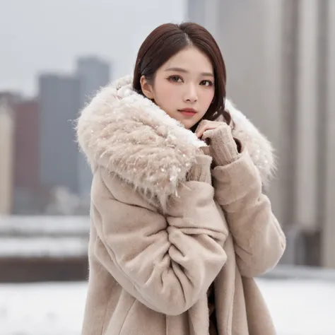 The background is Minato Mirai 21、the Ferris wheel、Time is night、Depicting a heavy snowfall scene in the middle of winter、The figure is at an angle of 45 degrees、Inverness coat、Women in long coats。She has pale black eyes and a pale brown chignon hairstyle....