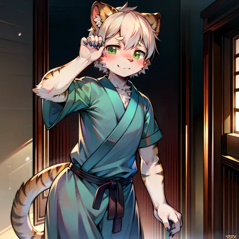 Selfie image、avatar、A boy with animal ears、individual、Solitary、Alone、Slightly fat、Fleshy、Snow-white hair、Green eyes、Tiger Ears、Tiger stripe、Tiger Tooth、Tigertail、Tiger stripe、Beast-eared tribe、Micromeat、Fleshy、a sense of mystery、Shy, shy、blush、Smile sweetl...